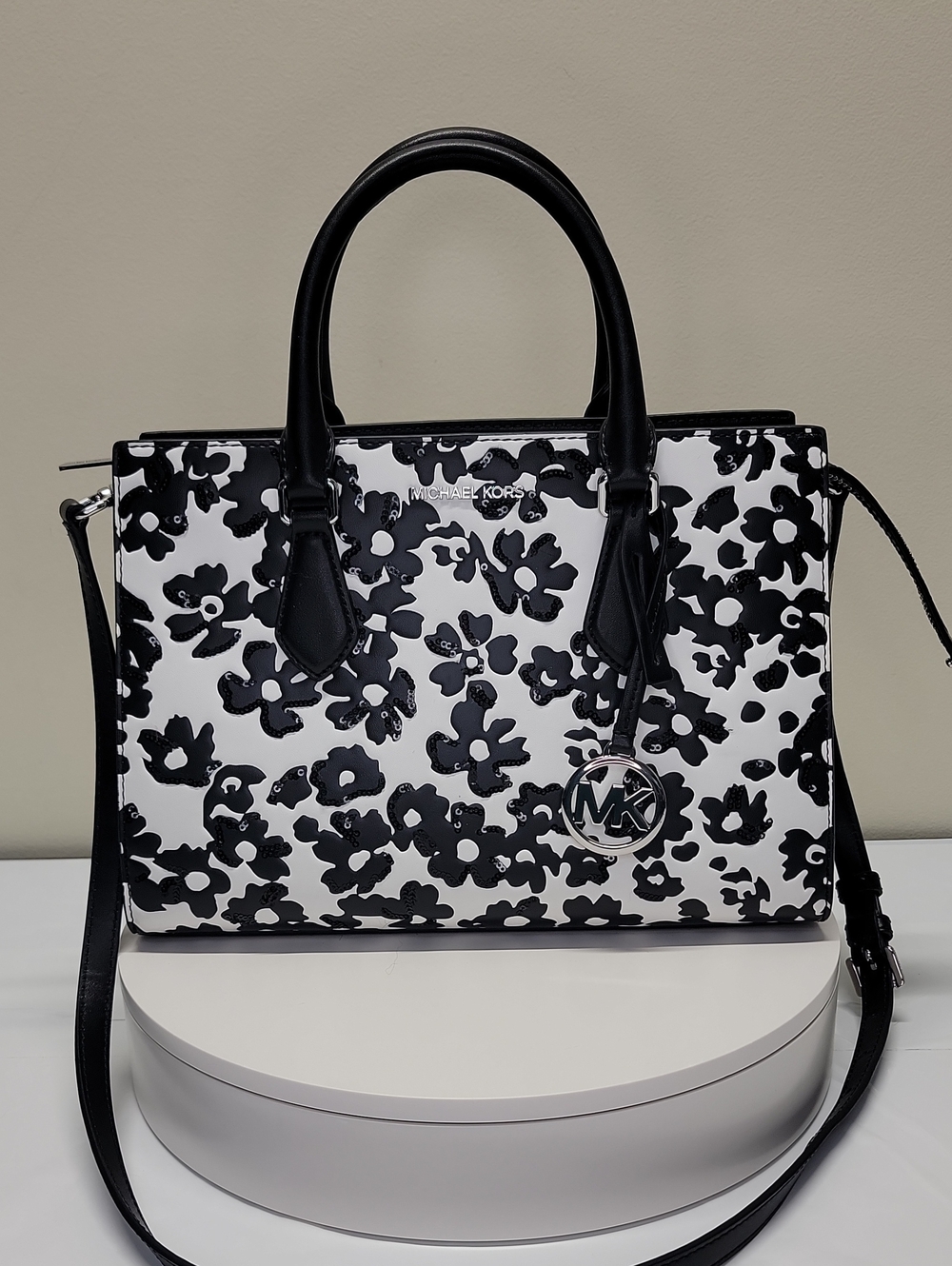 Michael Kors "Sheila" Black & White Floral Sequins Crossbody Satchel Contrasting